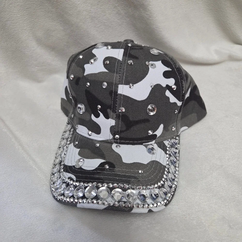Camo Rhinestone Baseball Cap Gray White Camouflage Bling Studded Hat Adjustable